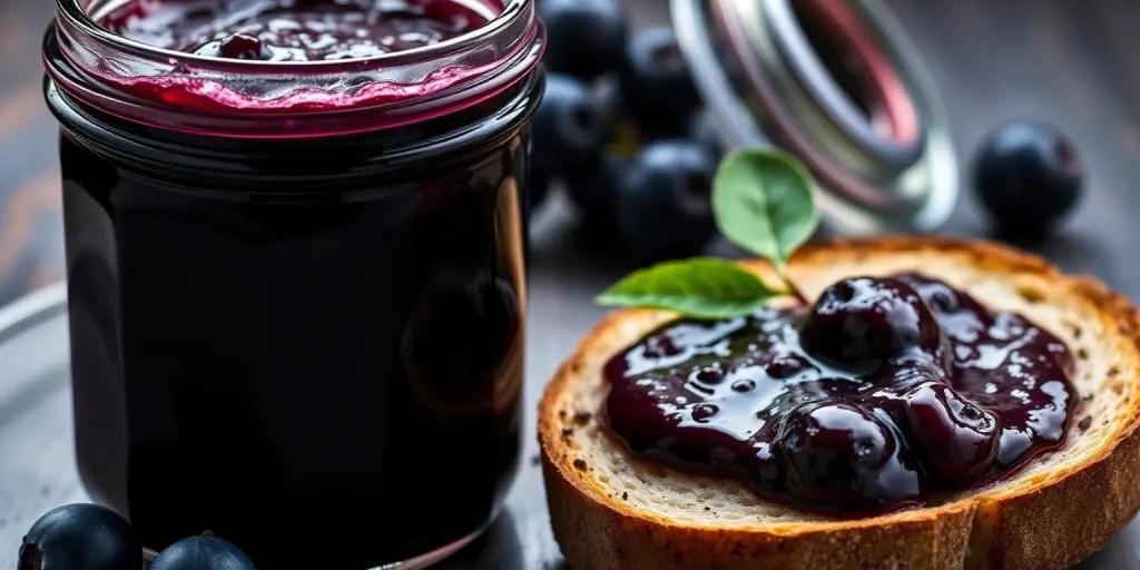 Geleia escura de frutas em pote
